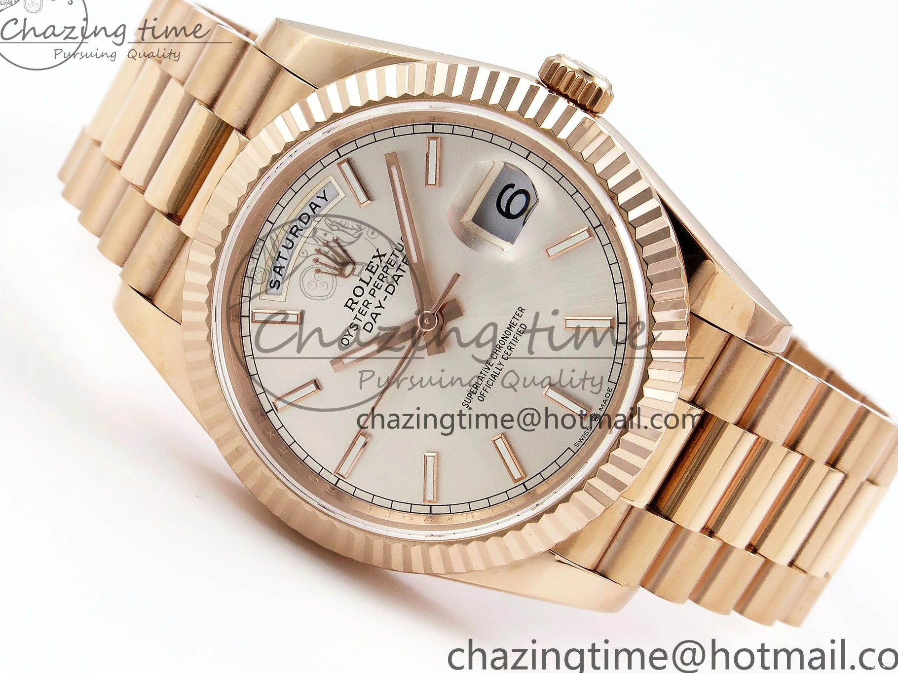 0109 OnTrend DayDate 40 RG JDF 904L Steel Silver Stick Dial on President Bracelet VR3255 V3 (Gain Weight) 1360